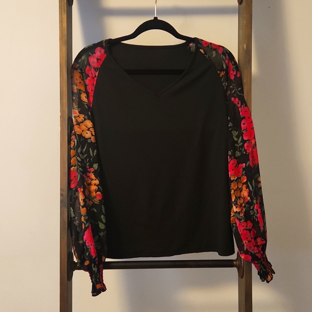 Sheer floral sleeve deep V neck top